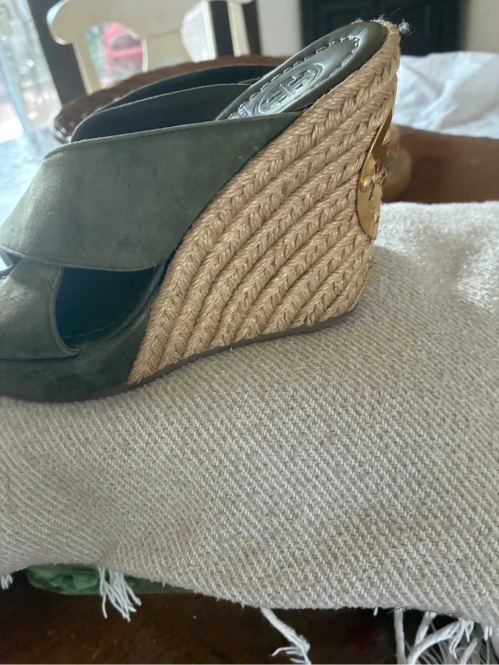 Tory Burch Olive Suede Crisscross Espadrille Wedges